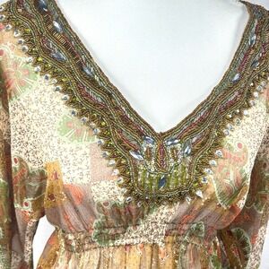 Embellished Boho Tunic Top‎ Beaded Fairy Grunge Y2K Western Hippie Paisley Sheer